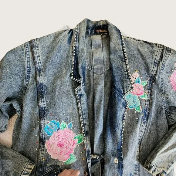 Vintage Embroidered Long Denim Jacket Blazer Zip Accent Woman's Size XL LH8009 - Picture 12 of 14